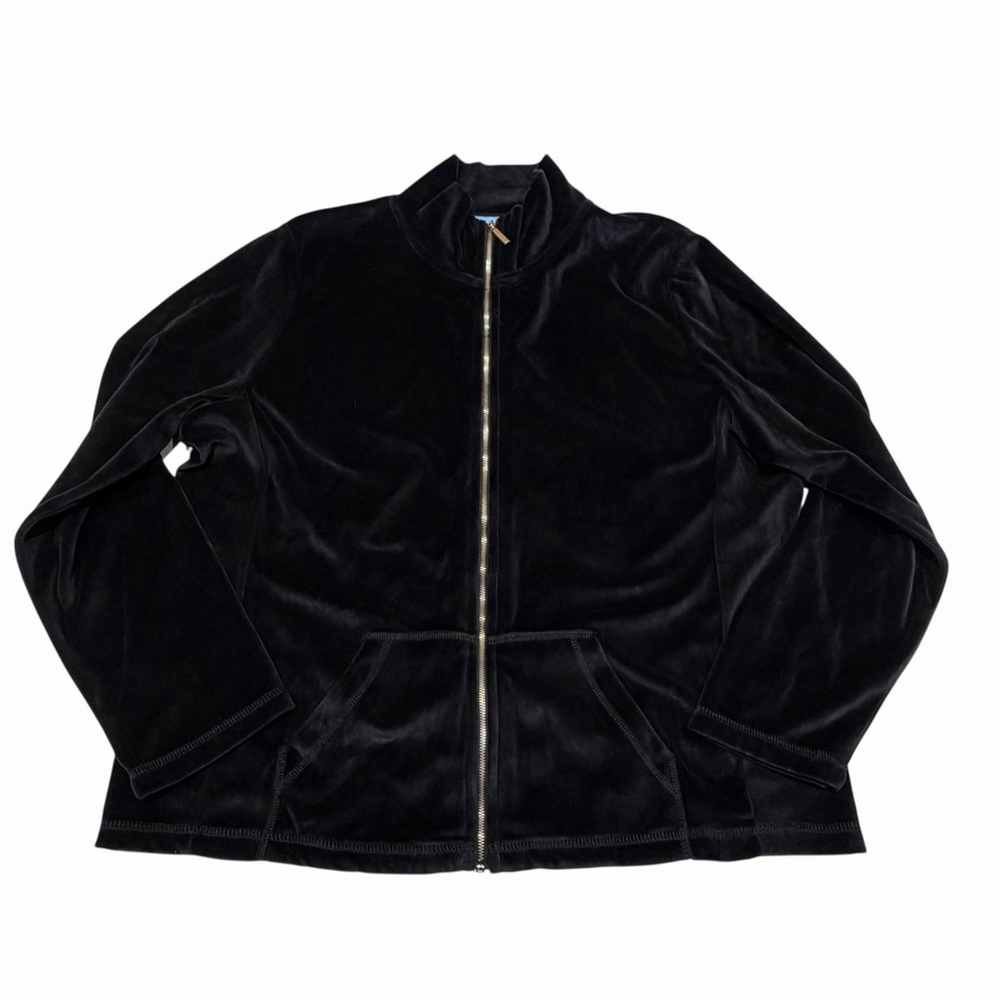 Evan Picone Full Zip Jacket Womens Sz L Black Pockets Velour Sweater Lng Slv NWT